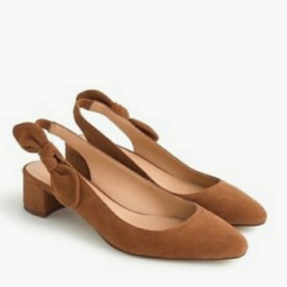 J. Crew Shoes - J. Crew Bow Suede Sling Back Block Heel Shoes Tan